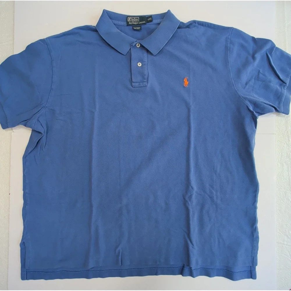Vintage Ralph Lauren Polo Shirt Mens XXL Blue Orange Pony Logo Preppy Campus 2XL